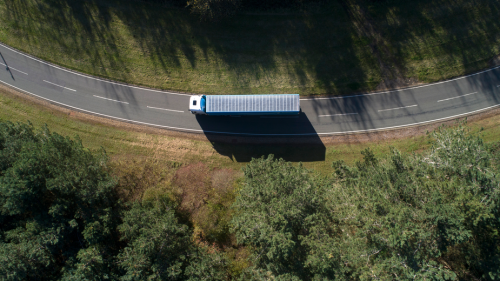 overhead shot of semi hauling amazon trailer