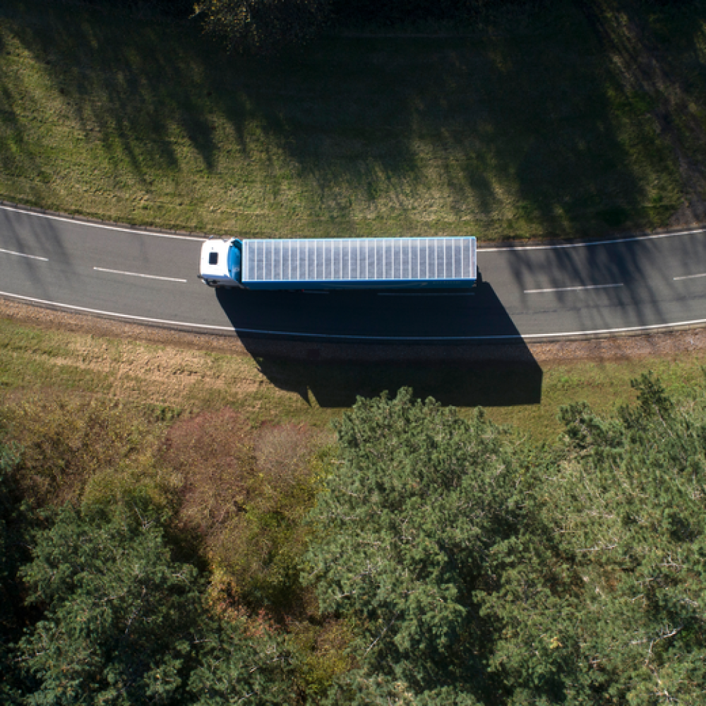 overhead shot of semi hauling amazon trailer